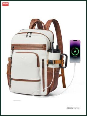 Faux Leather Laptop Backpack with USB Charging Port, 35L Travel Work Backpack
